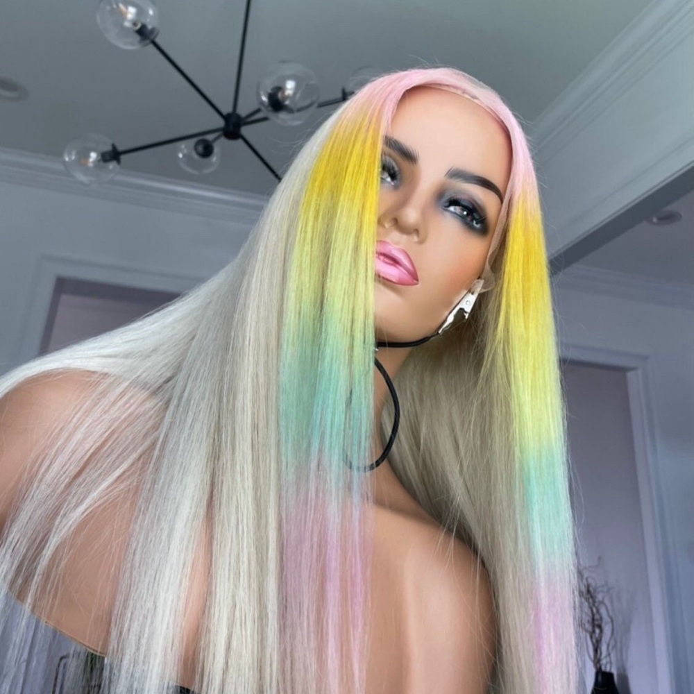 Sold!!!!Blonde human hair wig with pastel colors.